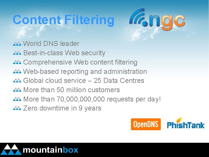 Content Filtering World DNS leader Best-in-class Web security Comprehensive Web content filtering Web-based reporting