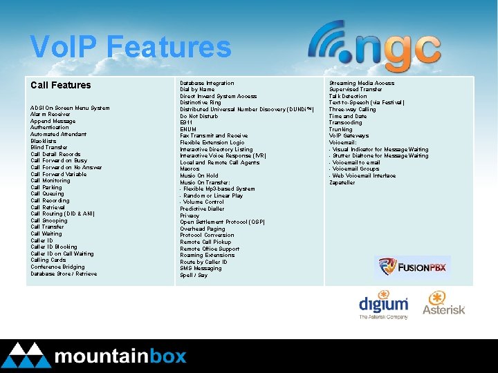 Vo. IP Features Call Features ADSI On-Screen Menu System Alarm Receiver Append Message Authentication