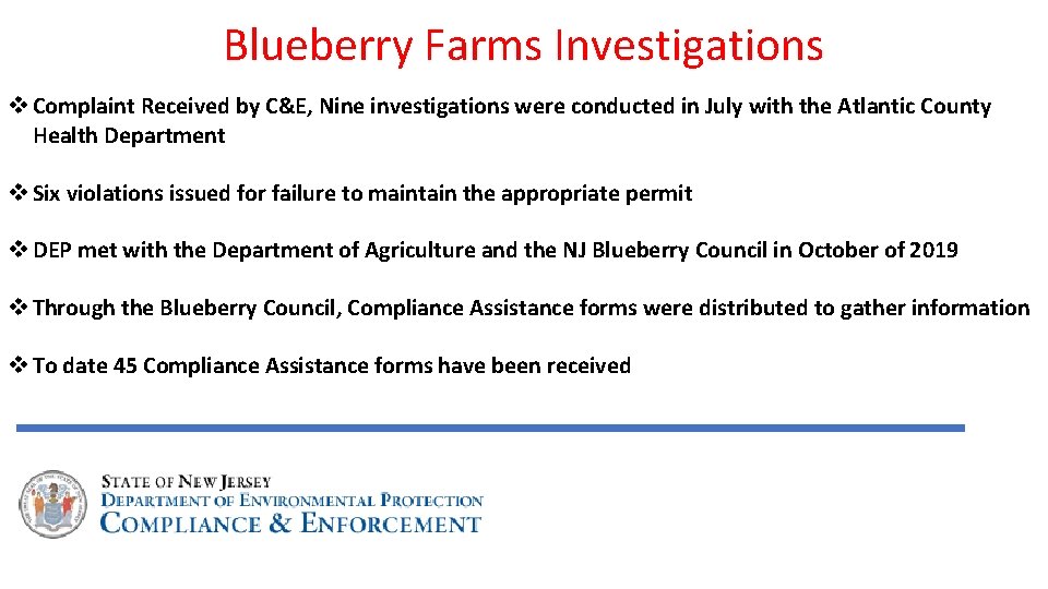 Blueberry Farms Investigations v Complaint Received by C&E, Nine investigations were conducted in July