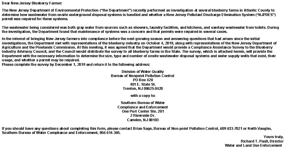 Dear New Jersey Blueberry Farmer: The New Jersey Department of Environmental Protection (“the Department”)