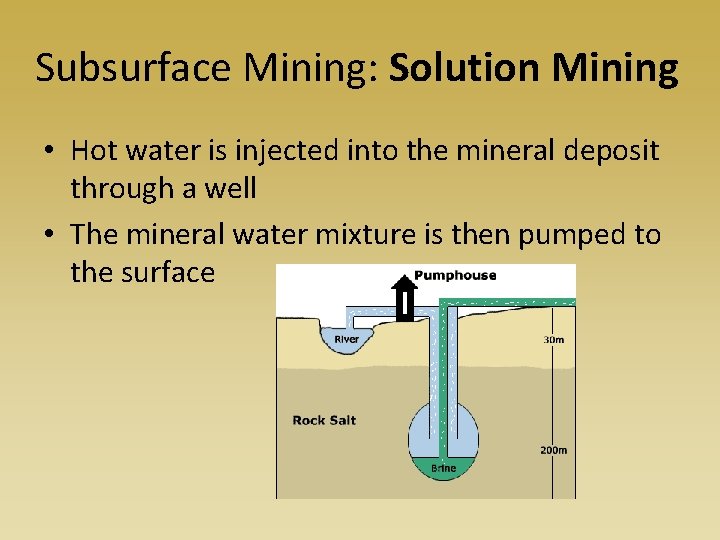 Subsurface Mining: Solution Mining • Hot water is injected into the mineral deposit through