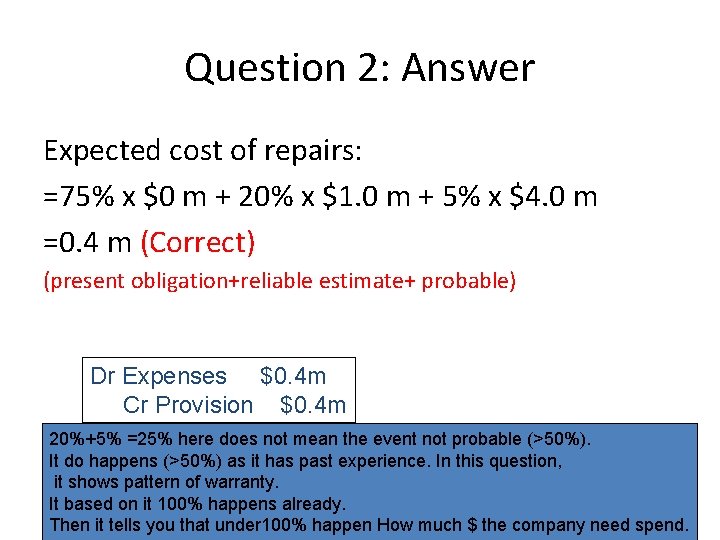 Question 2: Answer Expected cost of repairs: =75% x $0 m + 20% x