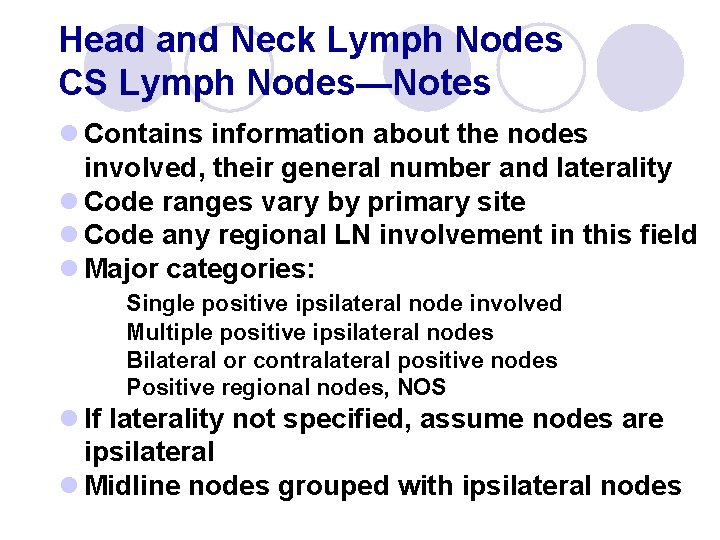 Head and Neck Lymph Nodes CS Lymph Nodes—Notes l Contains information about the nodes