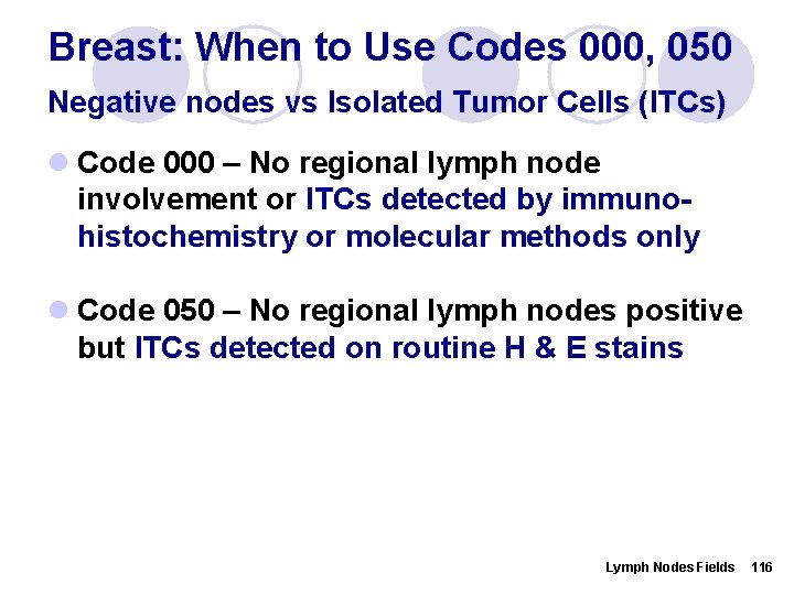 Breast: When to Use Codes 000, 050 Negative nodes vs Isolated Tumor Cells (ITCs)