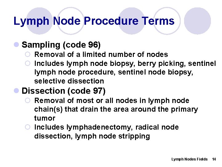 Lymph Node Procedure Terms l Sampling (code 96) ¡ Removal of a limited number