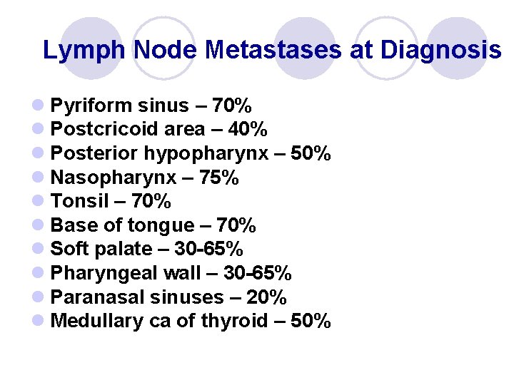 Lymph Node Metastases at Diagnosis l Pyriform sinus – 70% l Postcricoid area –