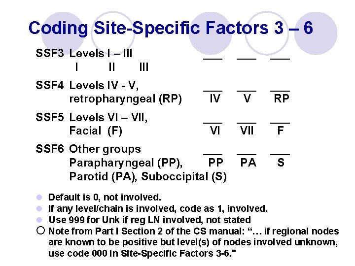 Coding Site-Specific Factors 3 – 6 SSF 3 Levels I – III I II