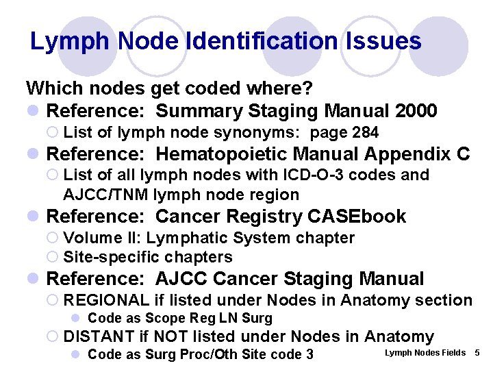 Lymph Node Identification Issues Which nodes get coded where? l Reference: Summary Staging Manual