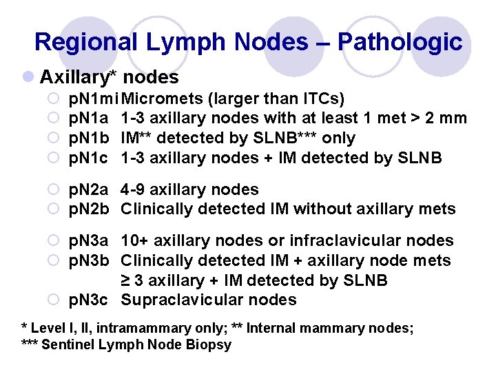 Regional Lymph Nodes – Pathologic l Axillary* nodes ¡ ¡ p. N 1 mi