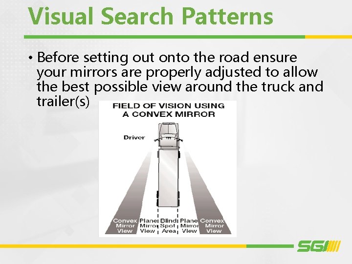 Visual Search Patterns • Before setting out onto the road ensure your mirrors are