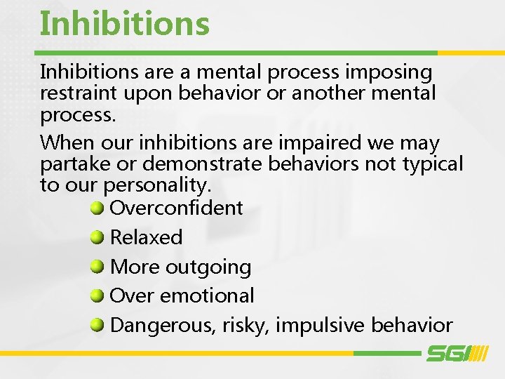 Inhibitions are a mental process imposing restraint upon behavior or another mental process. When