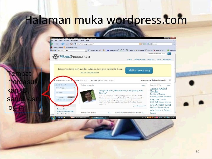 Halaman muka wordpress. com Tempat memasuk kan ID, sandi, dan log in 30 