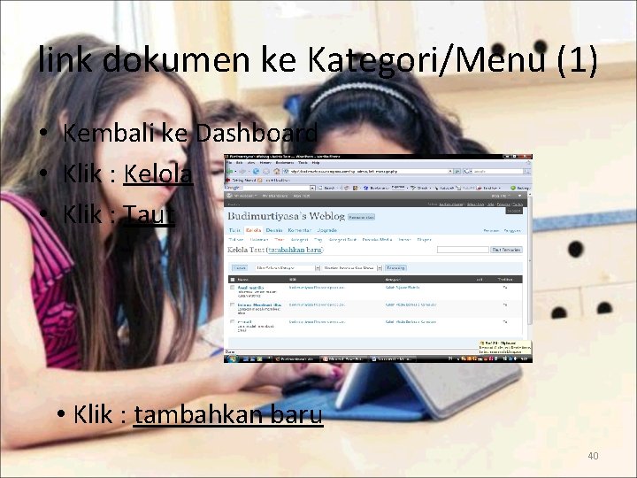 link dokumen ke Kategori/Menu (1) • Kembali ke Dashboard • Klik : Kelola •