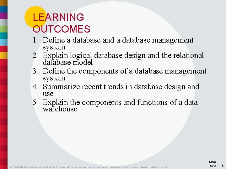 LEARNING OUTCOMES 1 Define a database and a database management system 2 Explain logical