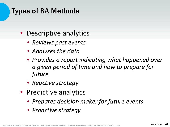 Types of BA Methods • Descriptive analytics • Reviews past events • Analyzes the