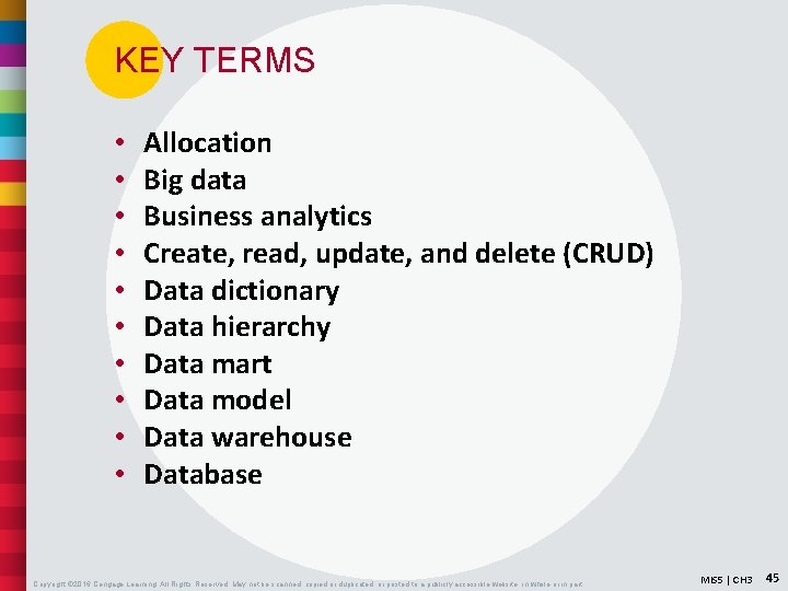 KEY TERMS • • • Allocation Big data Business analytics Create, read, update, and