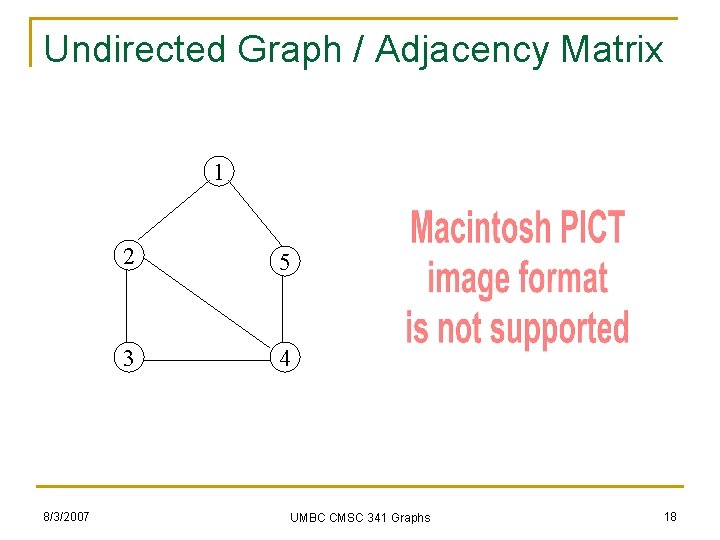 Undirected Graph / Adjacency Matrix 1 8/3/2007 2 5 3 4 UMBC CMSC 341