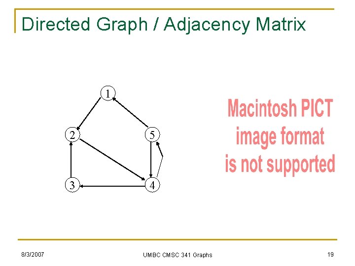 Directed Graph / Adjacency Matrix 1 8/3/2007 2 5 3 4 UMBC CMSC 341