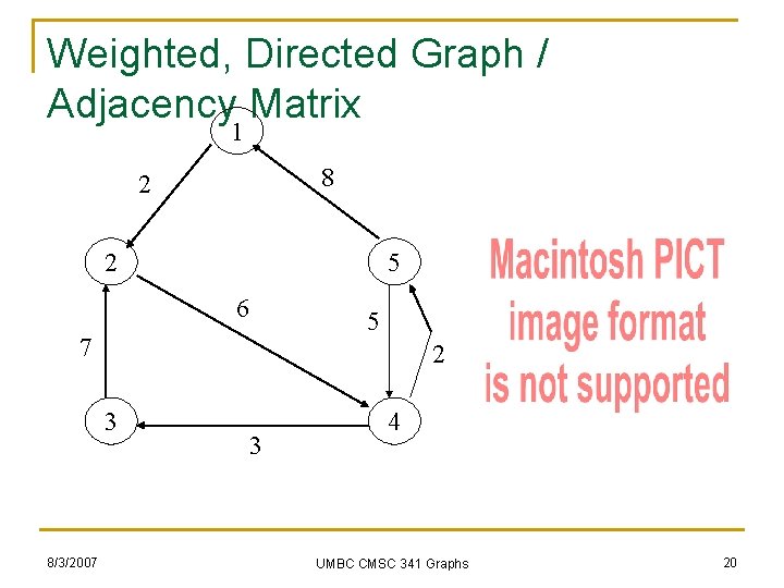 Weighted, Directed Graph / Adjacency Matrix 1 8 2 2 5 6 5 7