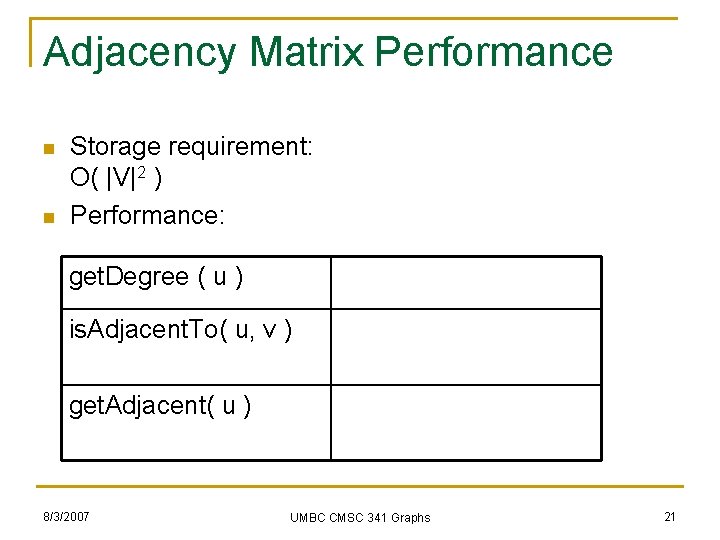 Adjacency Matrix Performance n n Storage requirement: O( |V|2 ) Performance: get. Degree (