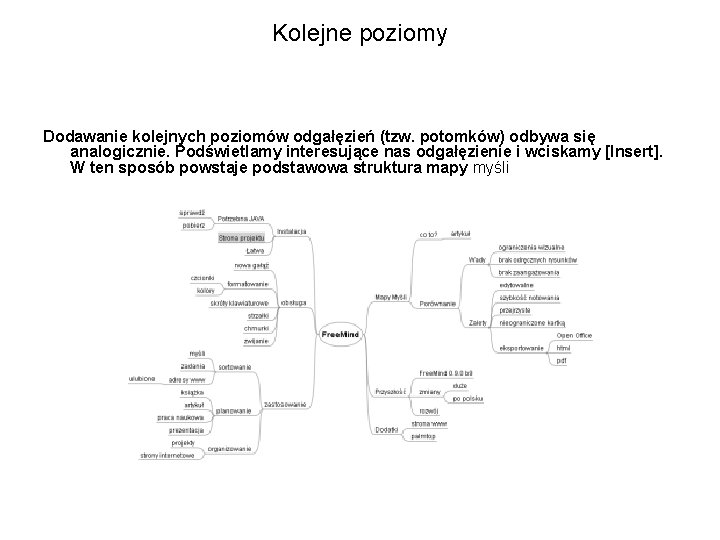 Kolejne poziomy Dodawanie kolejnych poziomów odgałęzień (tzw. potomków) odbywa się analogicznie. Podświetlamy interesujące nas