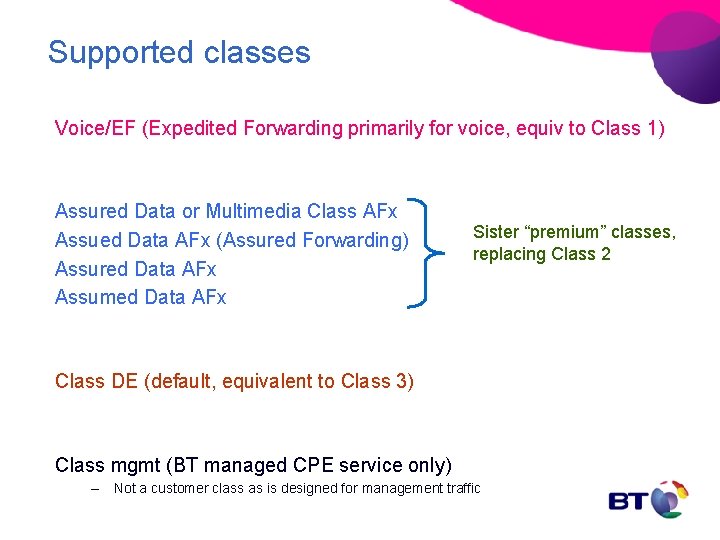 Supported classes Voice/EF (Expedited Forwarding primarily for voice, equiv to Class 1) Assured Data