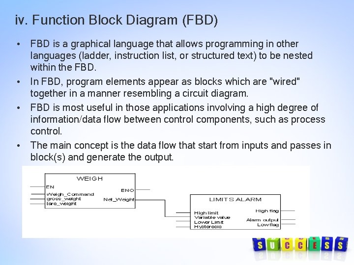 iv. Function Block Diagram (FBD) • FBD is a graphical language that allows programming