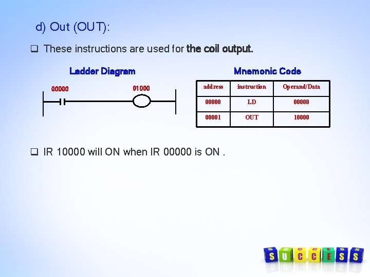 d) Out (OUT): q These instructions are used for the coil output. Ladder Diagram