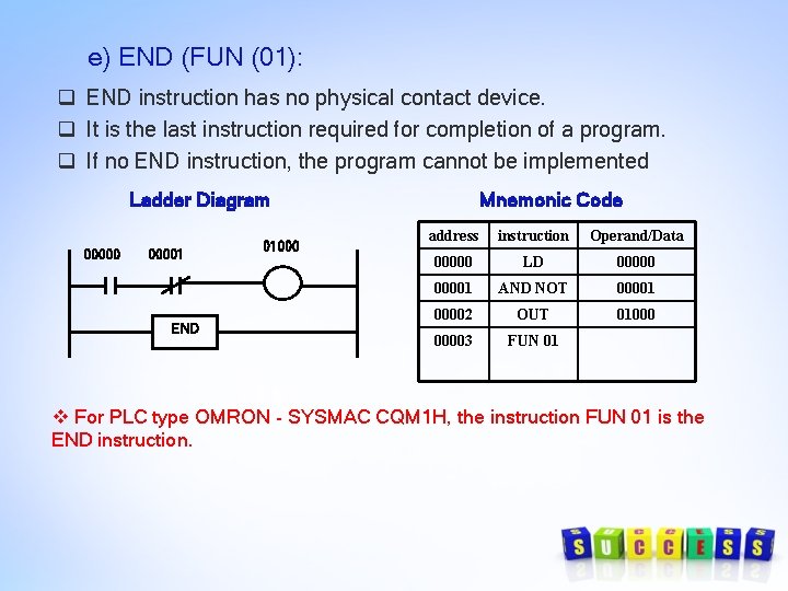 e) END (FUN (01): q END instruction has no physical contact device. q It