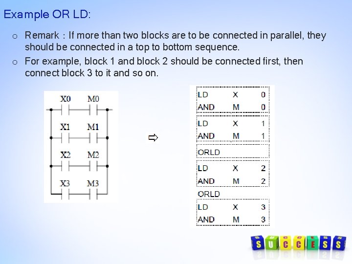Example OR LD: o Remark:If more than two blocks are to be connected in Example OR LD: o Remark:If more than two blocks are to be connected in