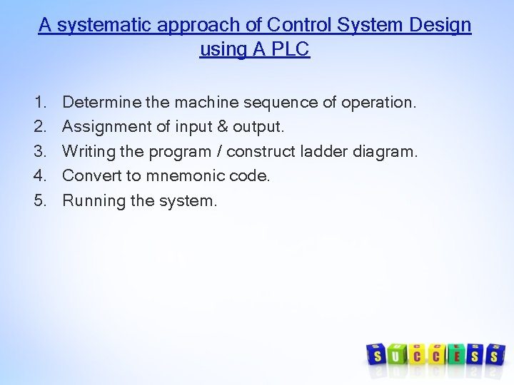 A systematic approach of Control System Design using A PLC 1. 2. 3. 4.