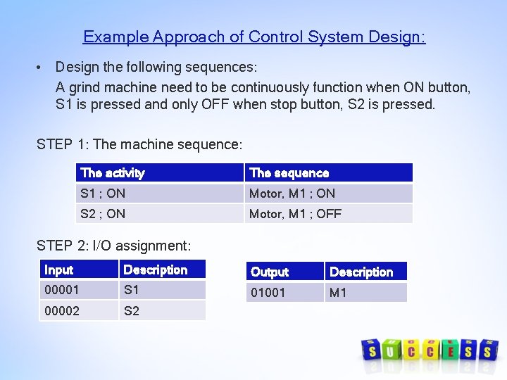 Example Approach of Control System Design: • Design the following sequences: A grind machine