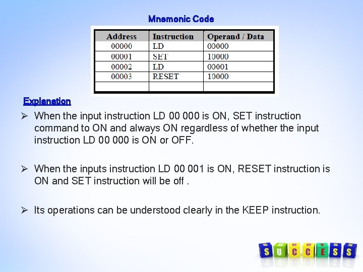 Mnemonic Code Explanation Ø When the input instruction LD 00 000 is ON, SET Mnemonic Code Explanation Ø When the input instruction LD 00 000 is ON, SET