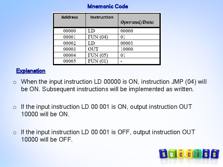 Mnemonic Code Explanation o When the input instruction LD 00000 is ON, instruction JMP