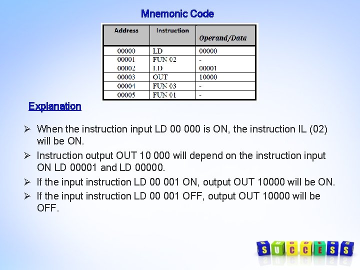 Mnemonic Code Explanation Ø When the instruction input LD 00 000 is ON, the Mnemonic Code Explanation Ø When the instruction input LD 00 000 is ON, the