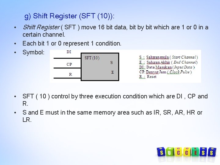 g) Shift Register (SFT (10)): • Shift Register ( SFT ) move 16 bit