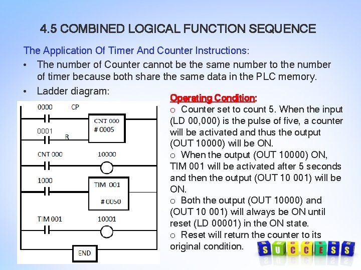 4. 5 COMBINED LOGICAL FUNCTION SEQUENCE The Application Of Timer And Counter Instructions: •