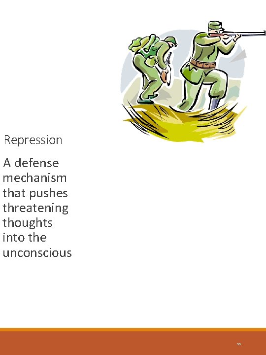 Repression A defense mechanism that pushes threatening thoughts into the unconscious 11 