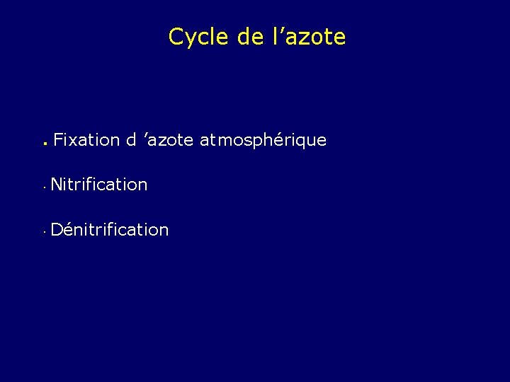 Cycle de l’azote l Fixation d ’azote atmosphérique Nitrification l Dénitrification l 