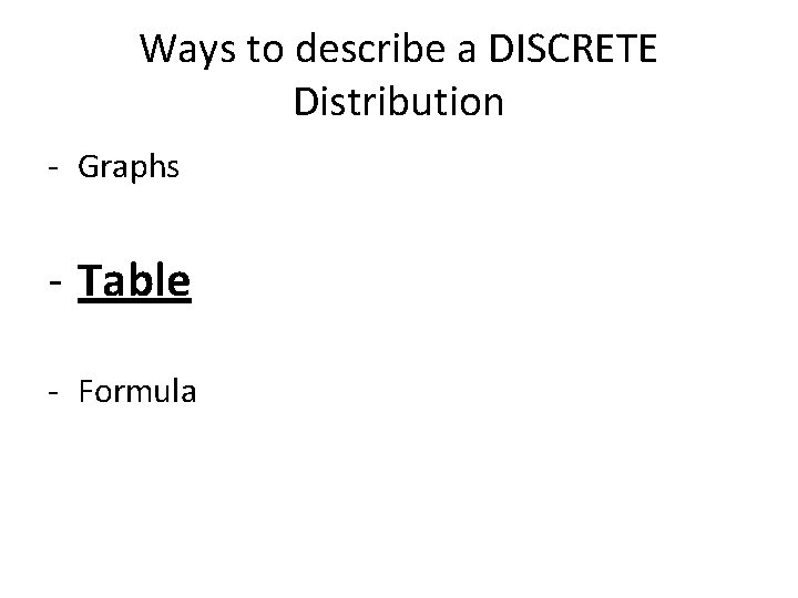 Ways to describe a DISCRETE Distribution - Graphs - Table - Formula 
