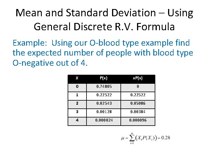 Mean and Standard Deviation – Using General Discrete R. V. Formula Example: Using our