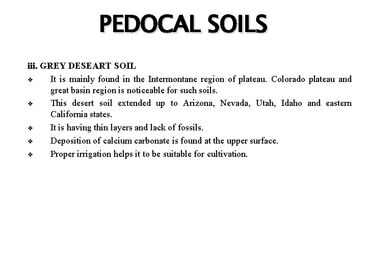 PEDOCAL SOILS iii. GREY DESEART SOIL v It is mainly found in the Intermontane