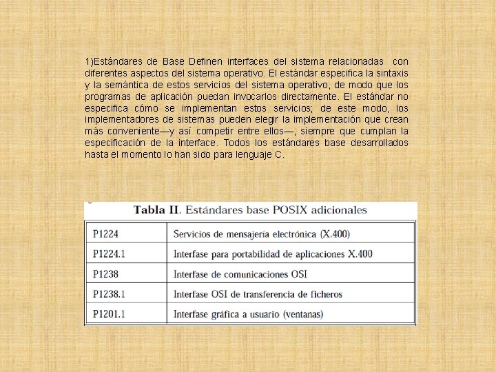1)Estándares de Base Definen interfaces del sistema relacionadas con diferentes aspectos del sistema operativo. 1)Estándares de Base Definen interfaces del sistema relacionadas con diferentes aspectos del sistema operativo.