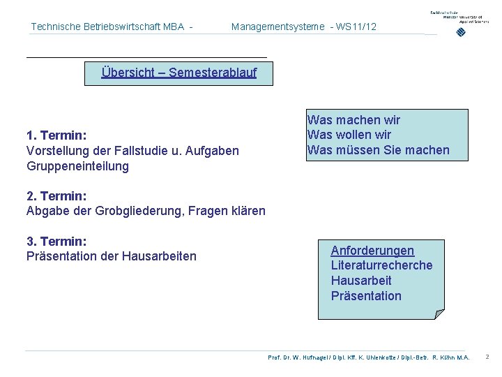 Technische Betriebswirtschaft MBA - Managementsysteme - WS 11/12 Übersicht – Semesterablauf 1. Termin: Vorstellung