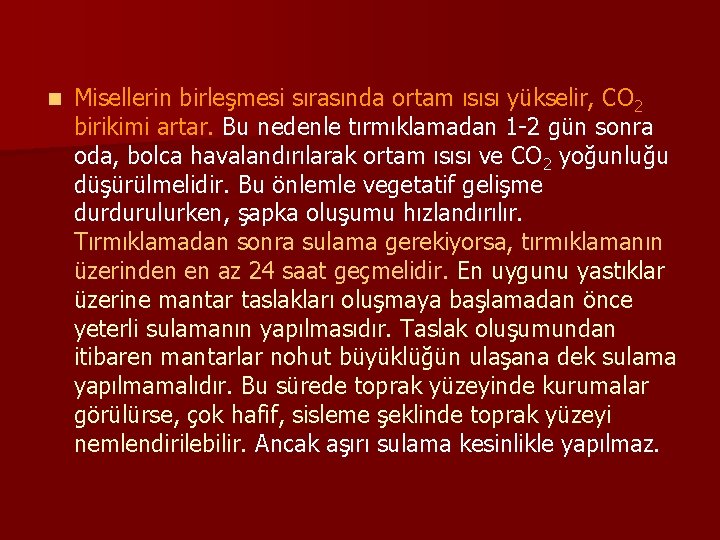 n Misellerin birleşmesi sırasında ortam ısısı yükselir, CO 2 birikimi artar. Bu nedenle tırmıklamadan