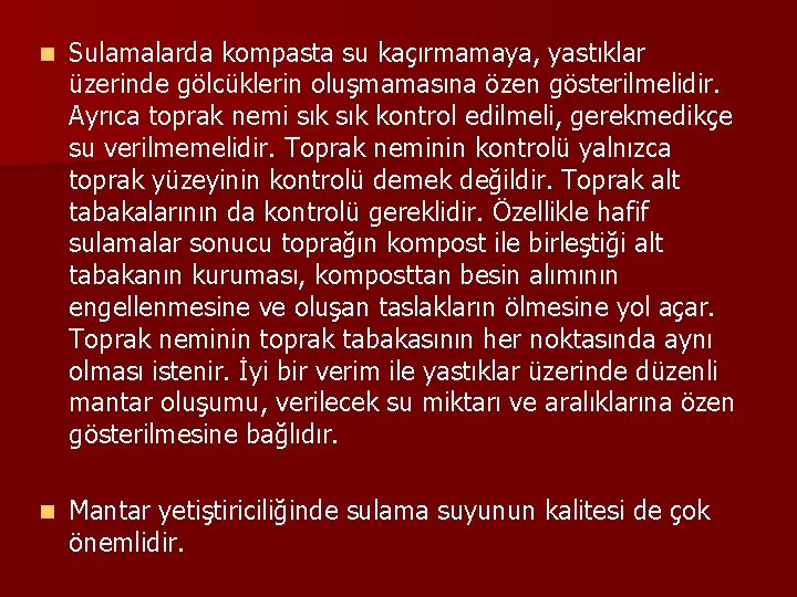 n Sulamalarda kompasta su kaçırmamaya, yastıklar üzerinde gölcüklerin oluşmamasına özen gösterilmelidir. Ayrıca toprak nemi