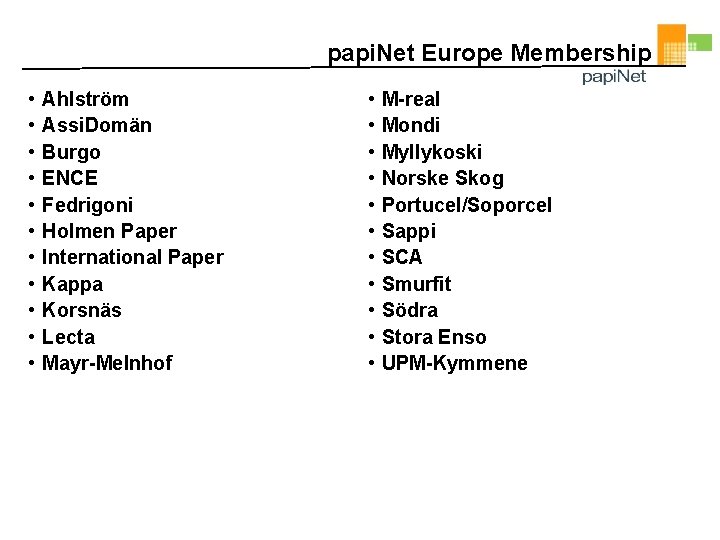 papi. Net Europe Membership • • • Ahlström Assi. Domän Burgo ENCE Fedrigoni Holmen