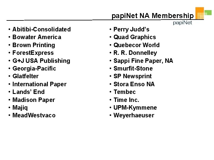 papi. Net NA Membership • • • Abitibi-Consolidated Bowater America Brown Printing Forest. Express