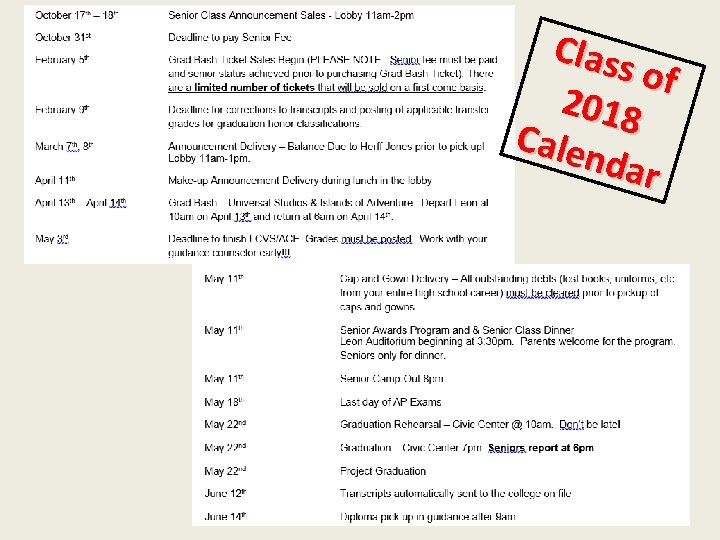 Class of 2018 Cale ndar 