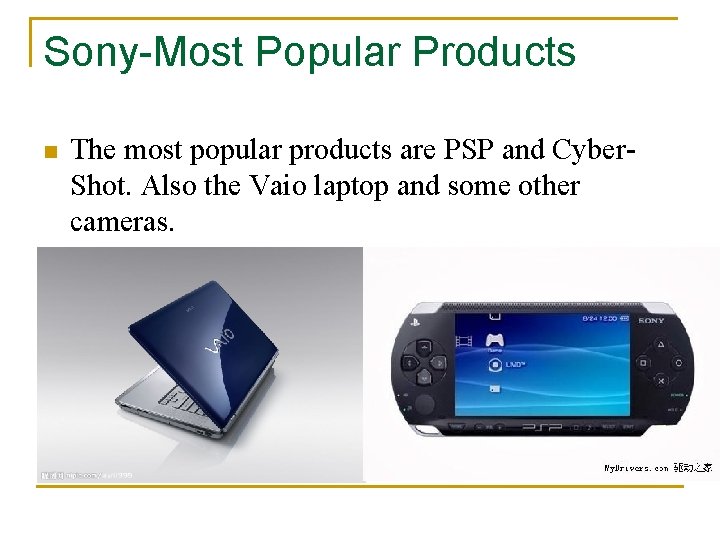 Sony-Most Popular Products n The most popular products are PSP and Cyber. Shot. Also